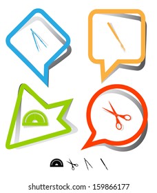 Education icon set. Scissors, ruling pen, protractor, caliper. Paper stickers. Vector illustration.