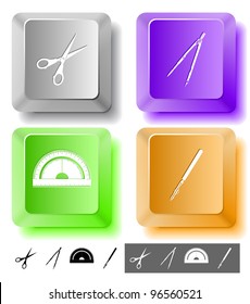 Education icon set. Scissors, ruling pen, protractor, caliper. Computer keys. Vector illustration.