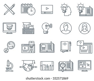 Conjunto de ícones de educação adequado para gráficos de informações, sites e mídia impressa. Ícones de linha plana em preto e branco.