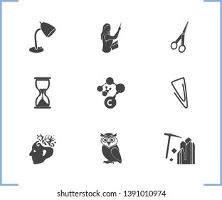 Education icon set and teacher woman with desk lamp, owl and hourglass. Creativity related education icon vector for web UI logo design.