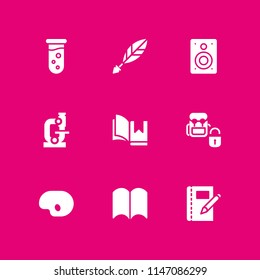 education icon set. test tube, paint palette and notebook vector icon for graphic design and web