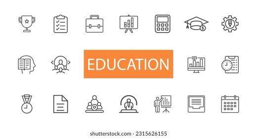Icono de educación establecido en el estilo de línea delgada sobre fondo blanco. Concepto de ilustración de vector escolar