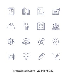 Education icon set. Thin line icon. Editable stroke. Containing checklist, open book, certificate, online learning, book, lecturer, law, atom, mortarboard, astronomy, mind, dictionary, idea, utility.