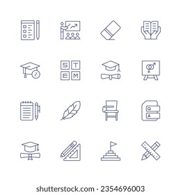 Bildungs-Symbol-Set. Dünne Linie Symbol. Bearbeitbarer Strich. Mit Prüfung, Ausbildung, Radierung, Bildung, Stiel, Sexualerziehung, Tagebuch, Quill, Schreibtisch, Frage, Absolvent, Stift und Herrscher, Ziel, Bleistift.