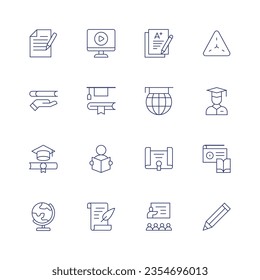 Juego de iconos de educación. Icono de línea delgada. Trazo editable. Contiene archivo, video, examen, triángulo, educación, estudio, estudiante, diploma, libro de lectura, radio, globo, poesía, clase, lápiz.