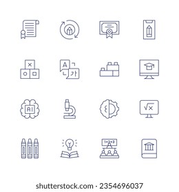 Bildungs-Symbol-Set. Dünne Linie Symbol. Bearbeitbarer Strich. Mit Zertifikat, Online-Lernen, Blocks, Sprache, Online-Bildung, künstliche Intelligenz, Mikroskop, Mathematik, Kreuz, Wissen, Klasse