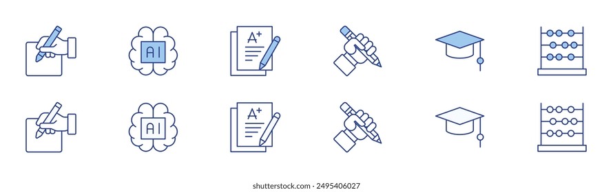 Education icon set in two styles, Duotone and Thin Line style. Editable stroke. writing, artificial intelligence, pencil, mortarboard, abacus, exam.