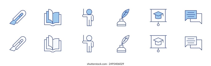 Education icon set in two styles, Duotone and Thin Line style. Editable stroke. utility-knife, open book, lecturer, write, education, consultation.