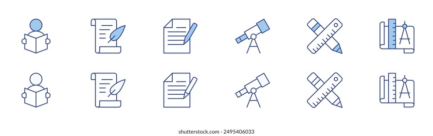 Education icon set in two styles, Duotone and Thin Line style. Editable stroke. reading book, poetry, file, telescope, ruler, compass.