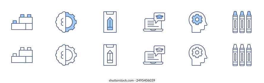 Education icon set in two styles, Duotone and Thin Line style. Editable stroke. online learning, mind, blocks, artificial intelligence, crayons.