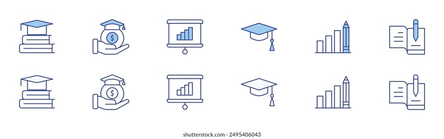 Education icon set in two styles, Duotone and Thin Line style. Editable stroke. graduation cap, bar chart, literature, education, scholarship, presentation.