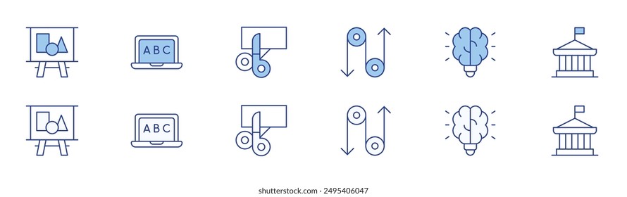 Education icon set in two styles, Duotone and Thin Line style. Editable stroke. geometric shapes, elearning, cut paper, pulley, idea, political science.