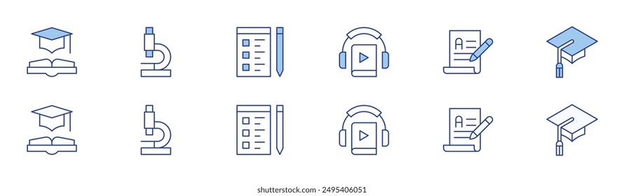 Conjunto de iconos de Educación en dos estilos, Duotono y Estilo de línea fina. Educación, microscopio, audiolibro, escritura, pizarra, examen.