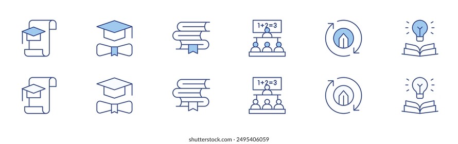 Education icon set in two styles, Duotone and Thin Line style. Editable stroke. classroom, online learning, knowledge, graduation, graduation hat, books.