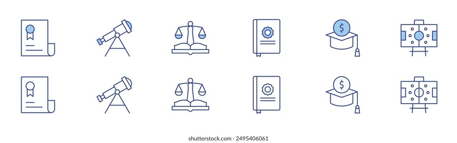 Education icon set in two styles, Duotone and Thin Line style. Editable stroke. certificate, astronomy, law, thesis, scholarship, formation.