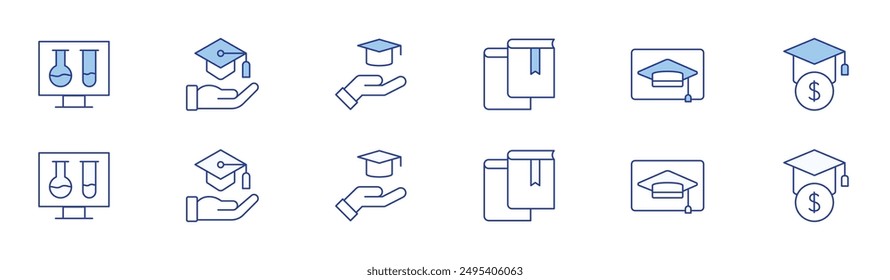 Conjunto de iconos de Educación en dos estilos, Duotono y Estilo de línea fina. Editable apoplejía. libros, educación en línea, préstamo, tubo de prueba, educación.