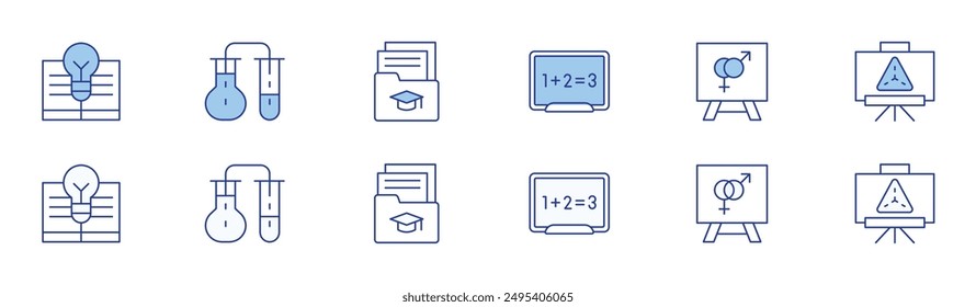 Conjunto de iconos de Educación en dos estilos, Duotono y Estilo de línea fina. Pizarra, conocimiento, química, educación sexual, carpeta, presentación.
