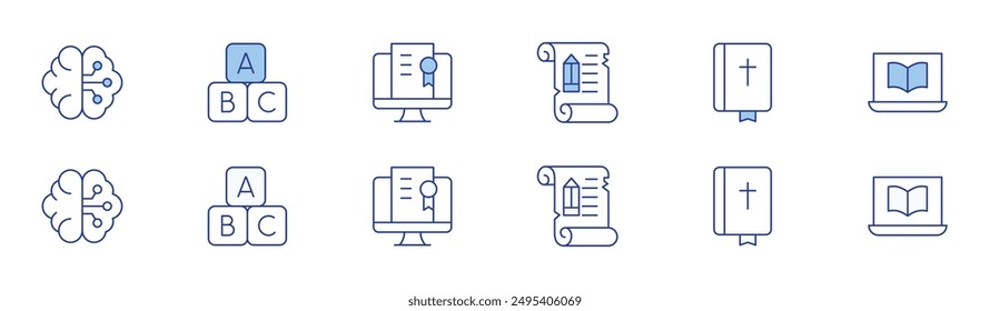 Education icon set in two styles, Duotone and Thin Line style. Editable stroke. ancient scroll, bible, online learning, brain, abc block, online education.