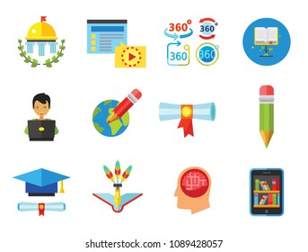Education Icon Set. University Diploma Pencil E-library Graduation Cap Creative Teaching Three Hundred Sixty Degrees Distance Education Webinar Student Brain Training Study