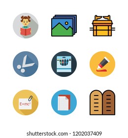 education icon set. vector set about paint tube, hebrew, scissors and physics icons set.