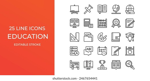 Education icon set vector design editable stroke. globe, painting, books and more