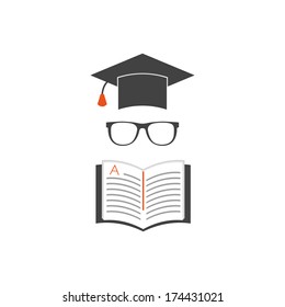 Education icon set. Vector hat, glasses and book