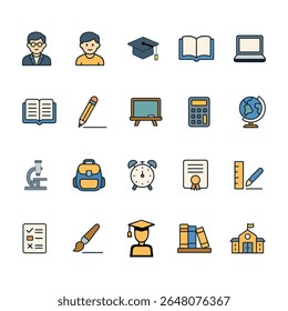 Education Icon Set: A vibrant collection of vector icons representing essential educational elements, perfect for illustrating academic themes and learning concepts.
