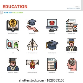 education icon set,filled outline style,vector and illustration