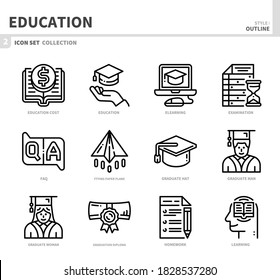 conjunto de iconos de educación, estilo de esquema, vector e ilustración