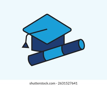 Education icon in simple vector design. Includes book, graduation cap, and pencil elements. Ideal for school, learning, and academic projects.