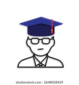 education icon. student or college student. man with glasses wearing graduation cap. smart, study, clever. mixed design style