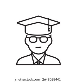 education icon. student or college student. man with glasses wearing graduation cap. smart, study, clever. outline design style