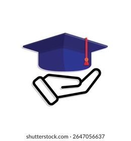 education icon. student in hand. graduation cap on white background. smart, study, clever. mixed design style
