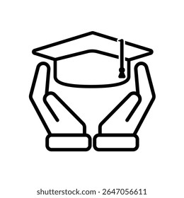 education icon. student in two hand. graduation cap on white background. smart, study, clever. outline design style