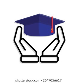education icon. student in two hand. graduation cap on white background. smart, study, clever. mixed design style