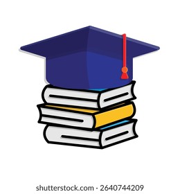 education icon. study hard. stack of books with graduation cap on top. smart, study, clever. isometric design style