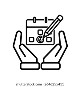 education icon. Study Planner in hand. Calendar with marker and pencil icon. smart, learning, clever. Outline design style