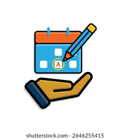 education icon. Study Planner in hand. Calendar with marker and pencil icon. smart, learning, clever. isometric design style