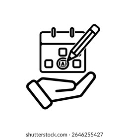 education icon. Study Planner in hand. Calendar with marker and pencil icon. smart, learning, clever. Outline design style