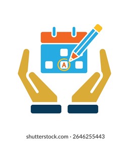 education icon. Study Planner in hand. Calendar with marker and pencil icon. smart, learning, clever. Flat design style