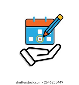 education icon. Study Planner in hand. Calendar with marker and pencil icon. smart, learning, clever. Mixed design style