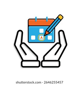 education icon. Study Planner in hand. Calendar with marker and pencil icon. smart, learning, clever. Mixed design style