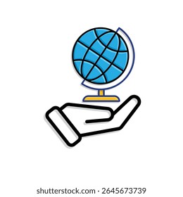education icon. Subject Icon Geography in hand. globe with white background. smart, learning, clever. Mixed design style