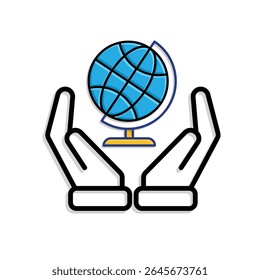 education icon. Subject Icon Geography in hand. globe with white background. smart, learning, clever. Mixed design style