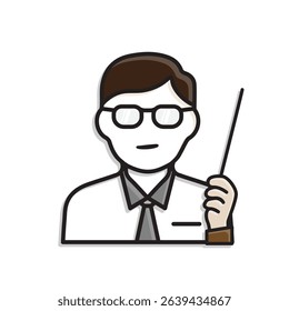 education icon. Teacher. Teacher character with pointer. smart, learning, clever. Mixed design style