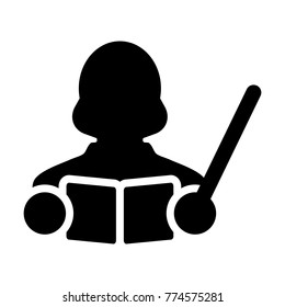 Education icon vector female teacher person profile avatar with book symbol for school, college and university in flat color glyph pictogram illustration