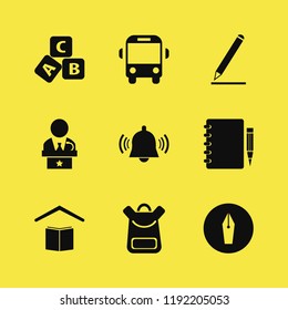 education icon. education vector icons set abc cubes, school bell, school book bag and public speaker