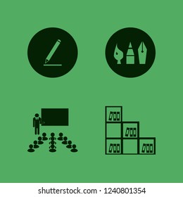 education icon. education vector icons set bookcase, pencil, drawing painting tools and teacher in classroom