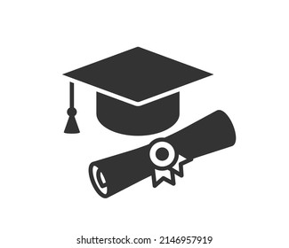 Education icon vector illustartion. College cap or graduate hat symbol. Student degree black and white sign.
