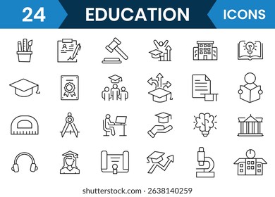 Education icon vector and Learning thin line icons vector set. University, textbook, editable learning, school, collage, book, bag symbol. Vector illustration.